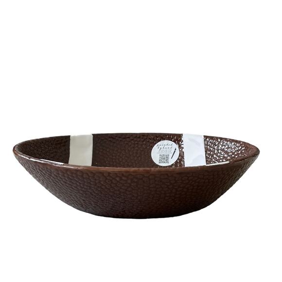 LANG Hand Painted Ceramic FOOTBALL Shaped Serving Bowl Brown White Decor NEW - Picture 3 of 14